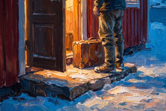 A close view of a model figure's legs and a suitcase on a doorstep, warm light spilling from a part-open door.